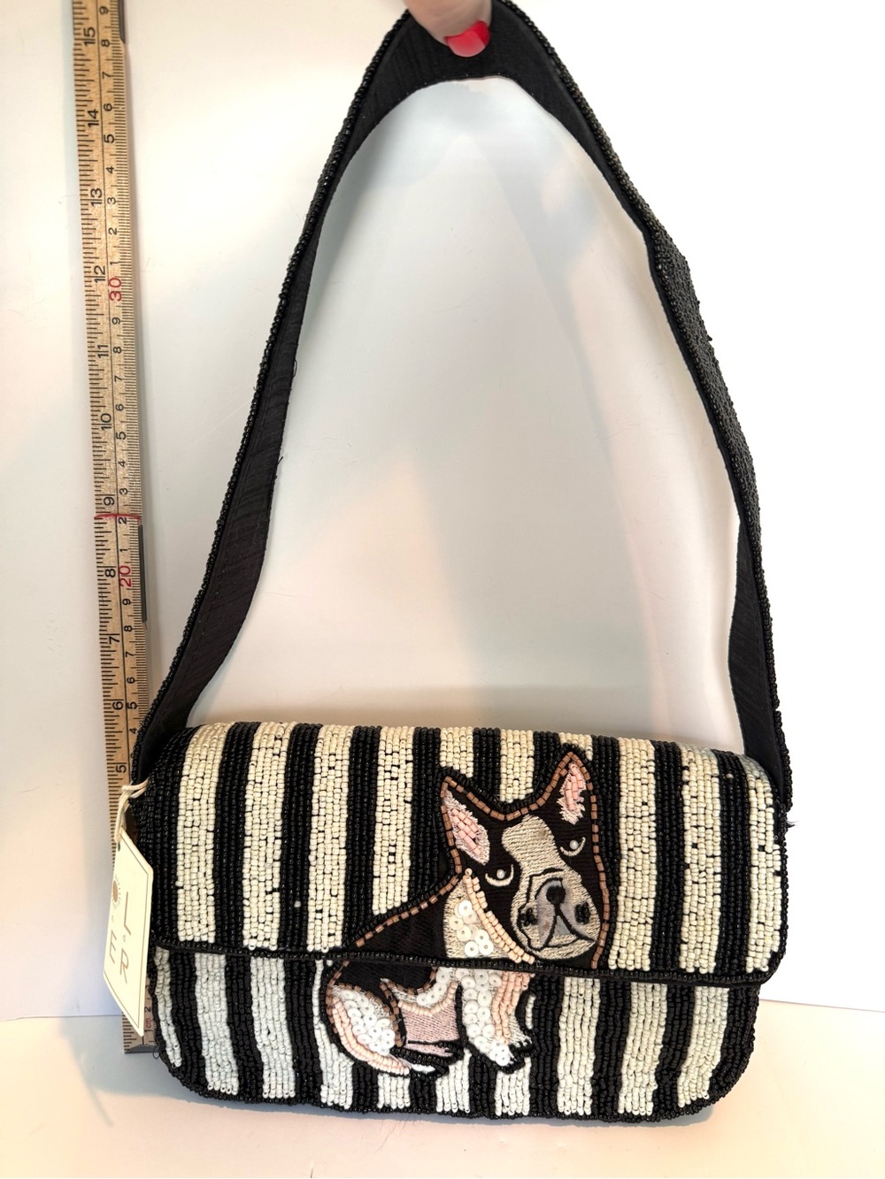 * NEW RELEASE VIRAL Black & White Striped Beaded Shoulder Bag with Dog Appliqué